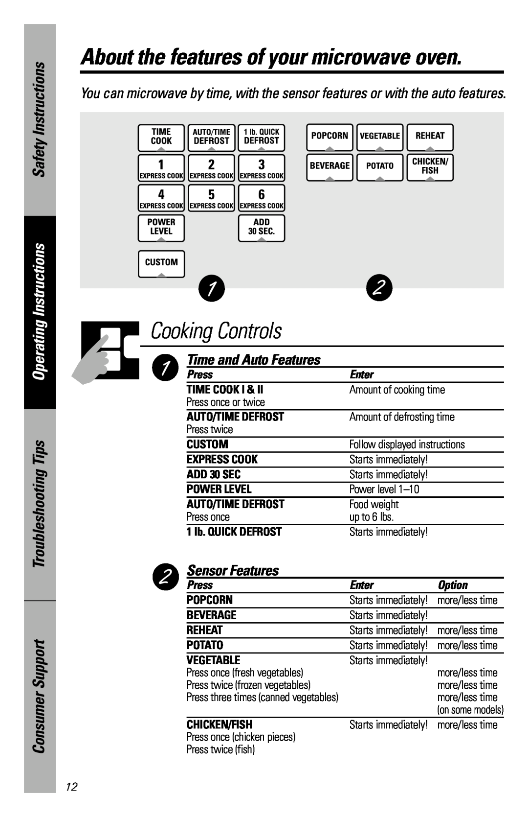 GE JVM3660SD Cooking Controls, About the features of your microwave oven, Safety Instructions, Operating Instructions 