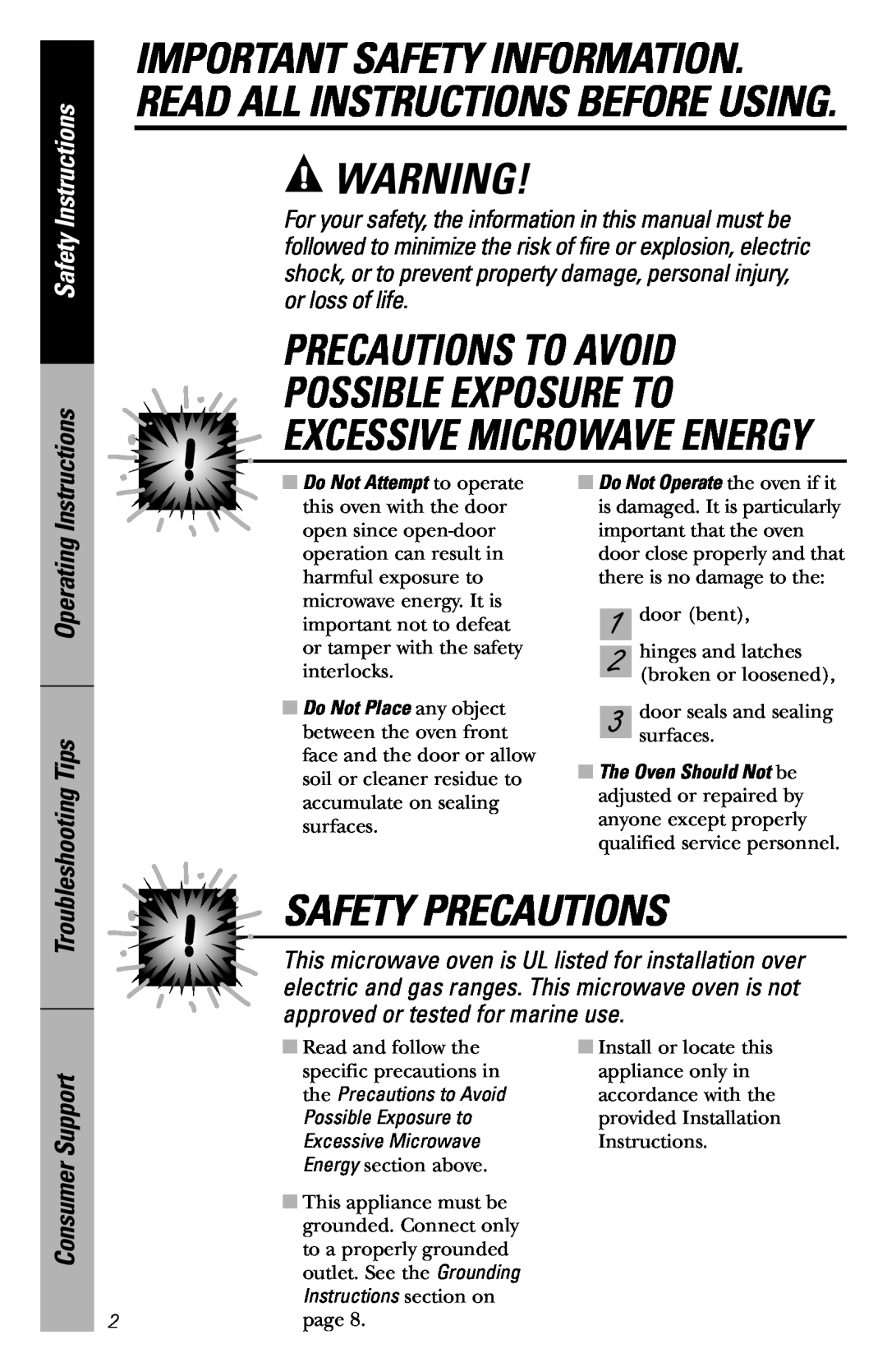GE JVM3660WD Precautions To Avoid Possible Exposure To, Safety Precautions, Excessive Microwave Energy, Instructions 