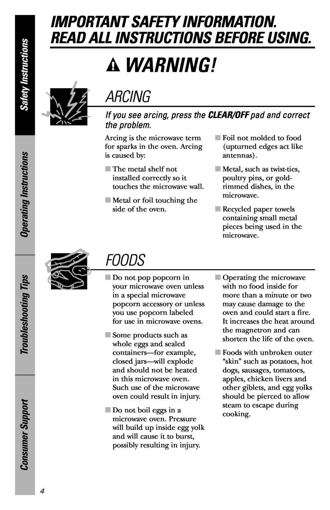 GE JVM3660SD, JVM3660CD Arcing, Foods, Safety Instructions, Operating Instructions, Consumer Support, Troubleshooting Tips 