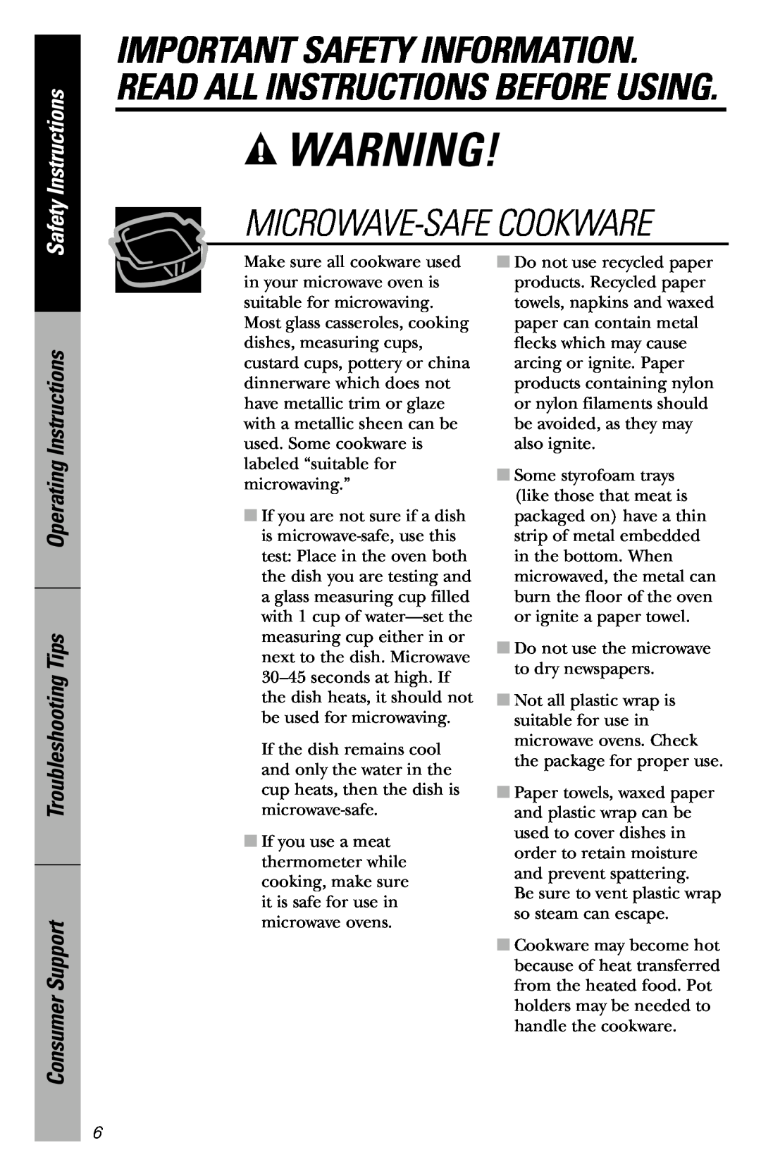 GE JVM3660WD Microwave-Safecookware, Safety Instructions, Operating Instructions Troubleshooting Tips, Consumer Support 