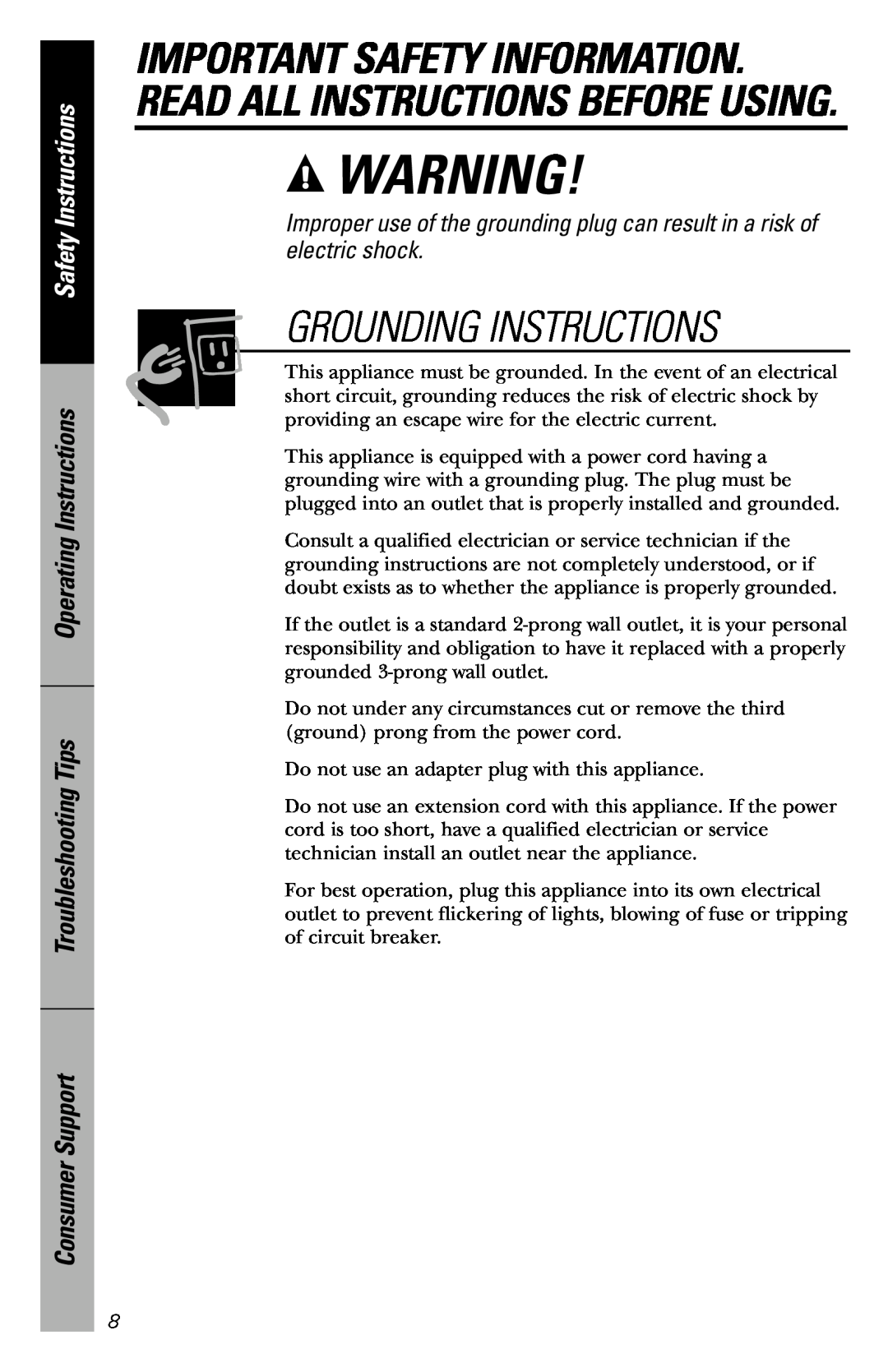 GE JVM3660SD Grounding Instructions, Safety Instructions, Operating Instructions Troubleshooting Tips, Consumer Support 