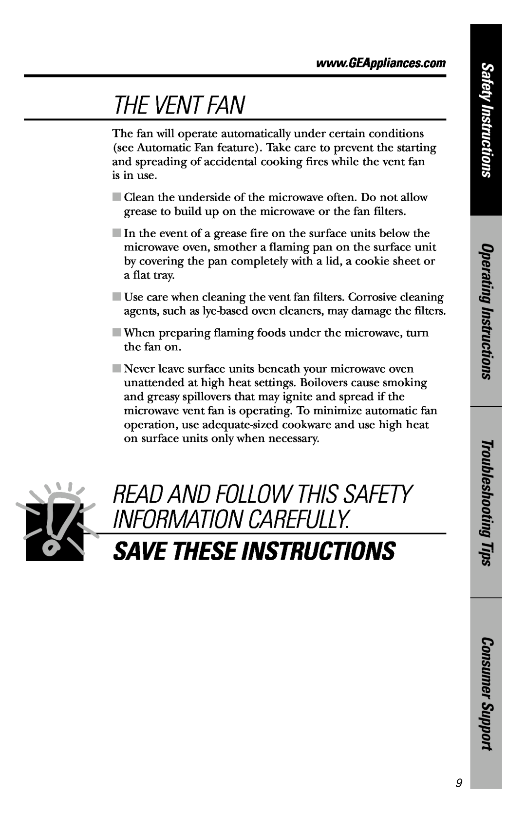 GE JVM3660CD The Vent Fan, Save These Instructions, Read And Follow This Safety Information Carefully, Safety Instructions 