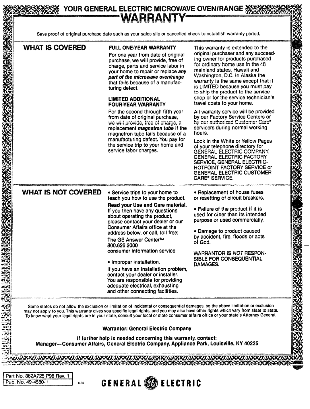 GE JVM48 # i, HOTPOINTFACTORYSERVICEor, 5s7i Consumerinformationservice, $ ~ ~ Improper, =.==i, ~ ‘, Part no A725P98 %V 