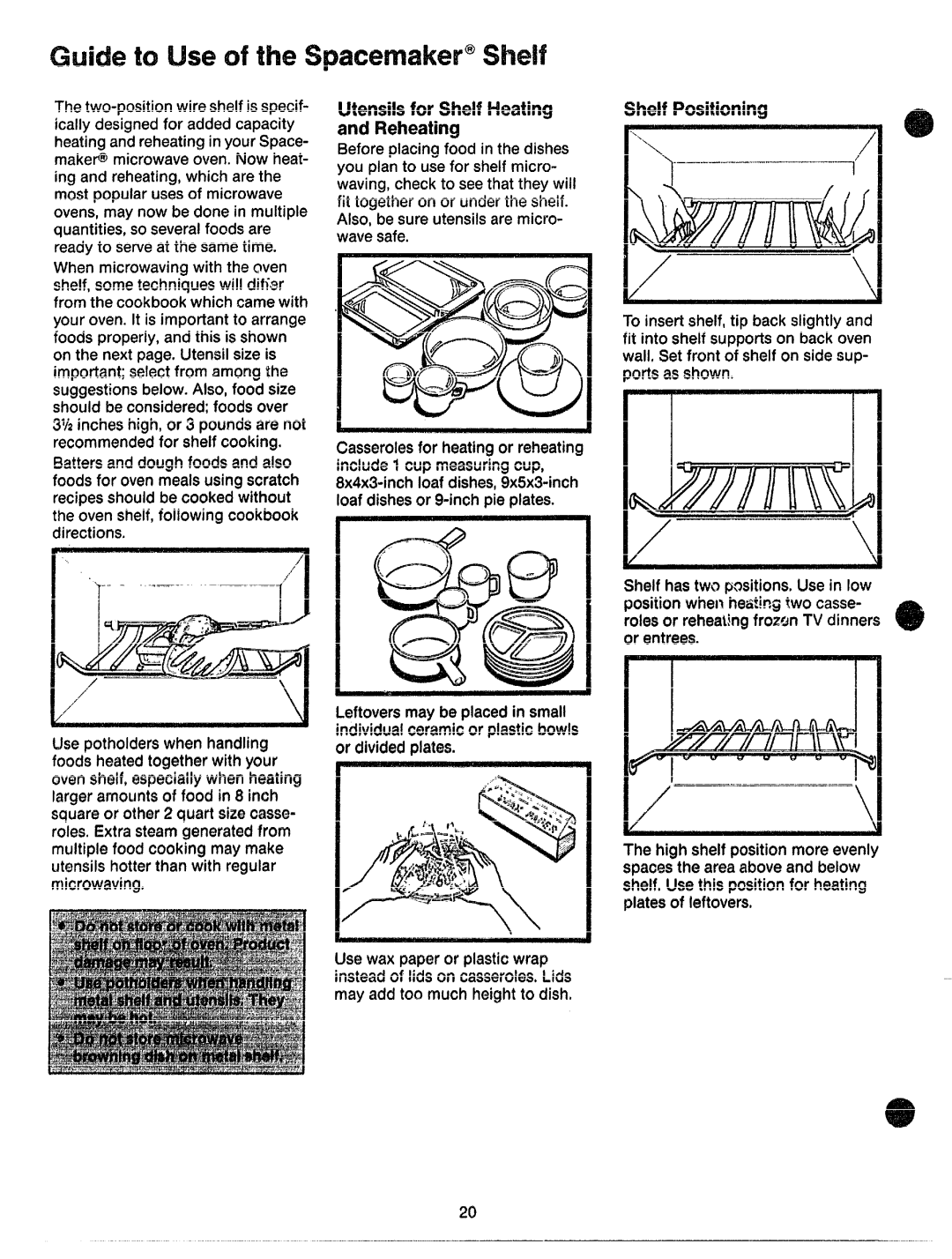 GE JVM61 manual UtensilsforShelfHeating andReheating, ShelfPositioning, Also,besureutensilsare micro- wavesafe 