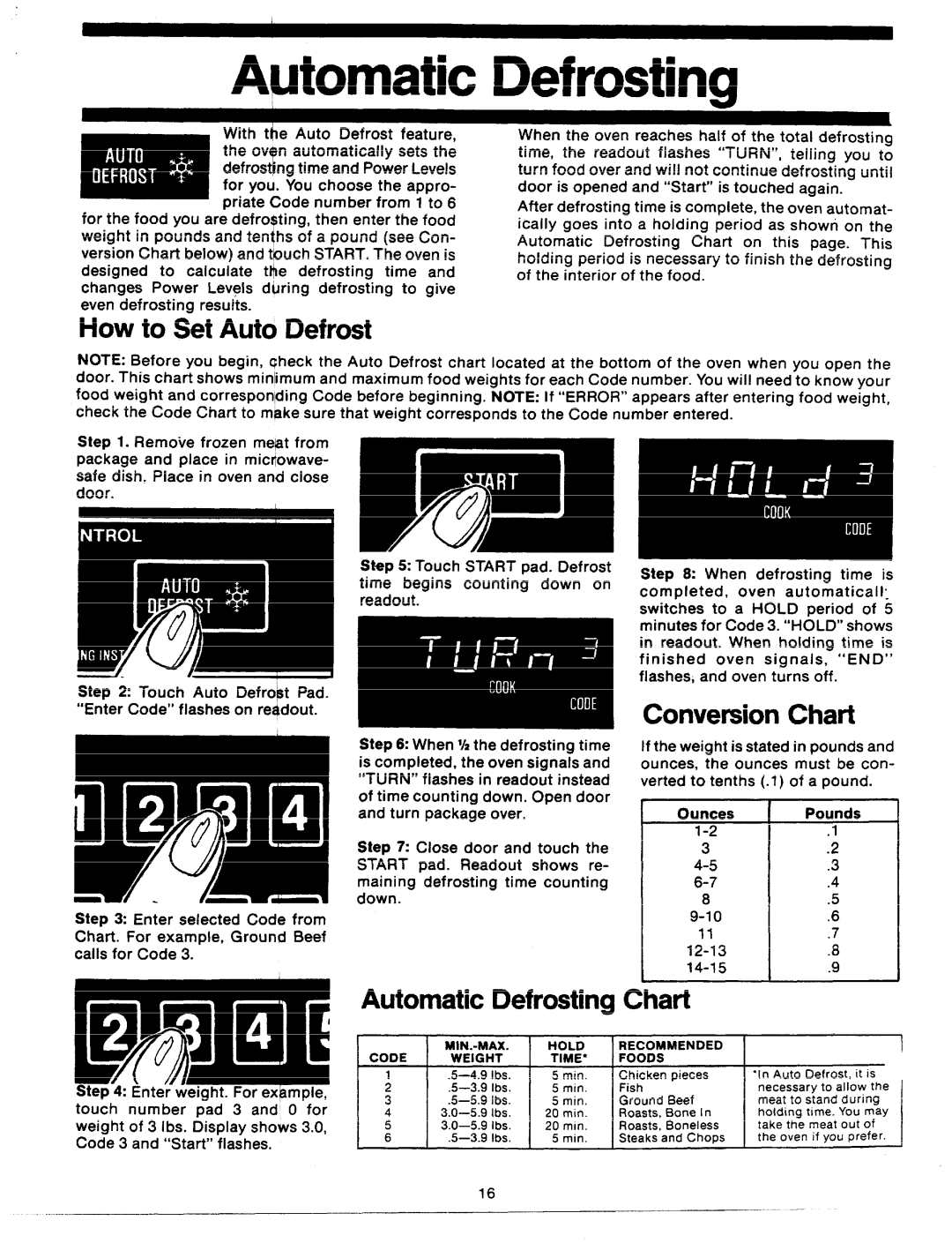 GE JVM64 manual Aptomatic Defrosting, How to Set Autd Defrost, Conversion Chart, Automatic Defrosting Chart 