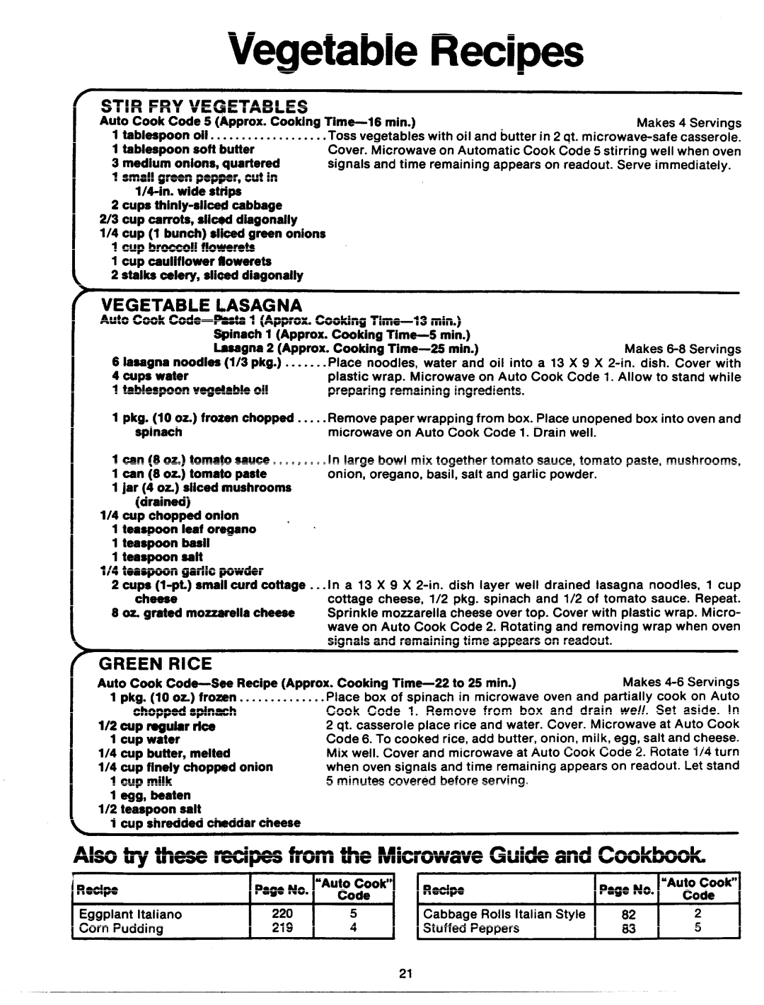 GE JVM64 manual Vegetable Recipes, Vegetable lpASAGNA 