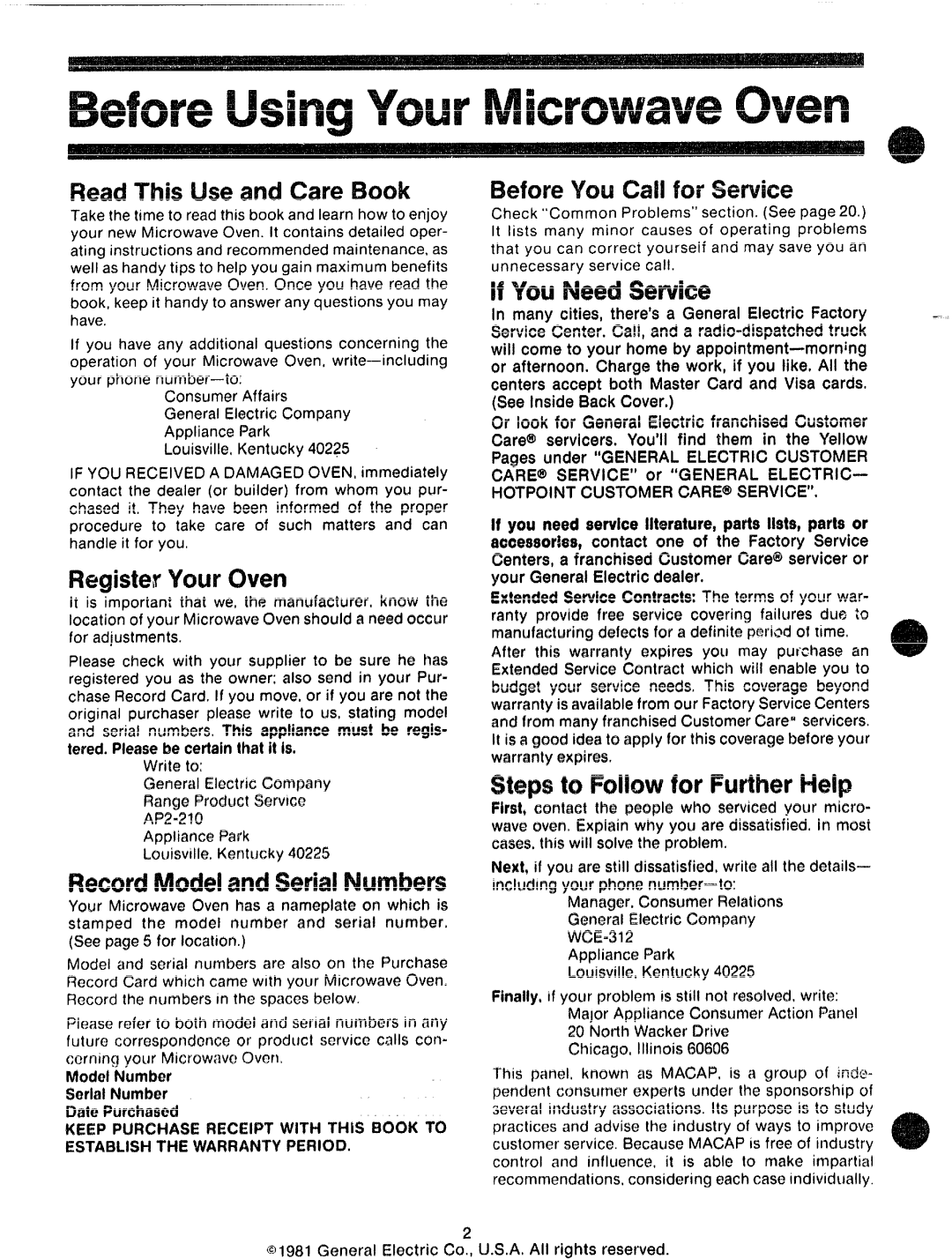 GE 49-4491 ReadThis Use and Care Book, RegisterYour km, Record, BeforeYou Cdl for Service, If ‘YOLUNeed Service, WCE=312 