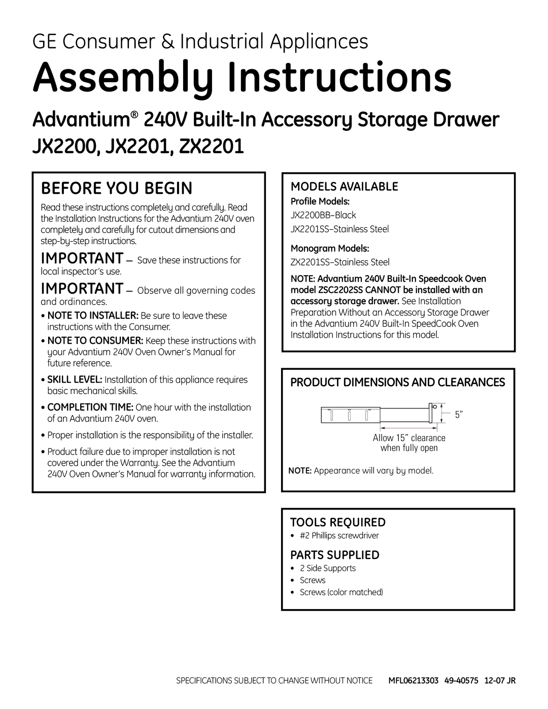 GE JX2200 dimensions Assembly Instructions, Before YOU Begin, Models Available, Tools Required, Parts Supplied 