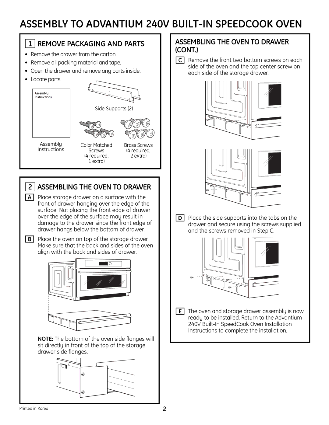 GE JX2200 Assembly to Advantium 240V BUILT-IN Speedcook Oven, Remove Packaging and Parts, Assembling the Oven to Drawer 