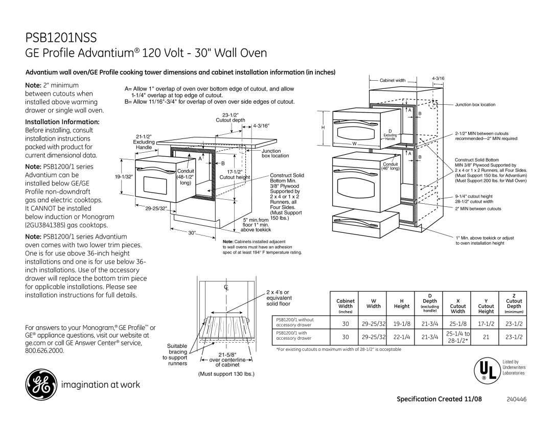 GE PSB1201NSS, JX2201NSS dimensions Installation Information, Specification Created 11/08 