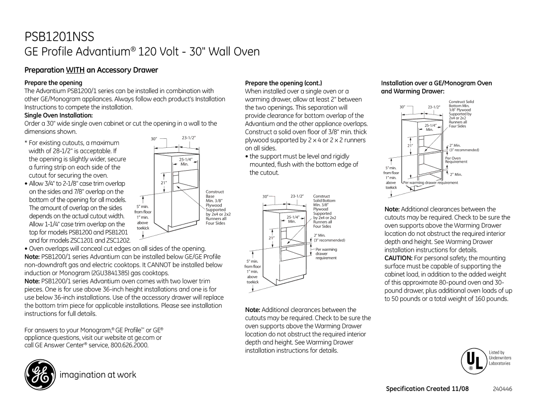 GE JX2201NSS, PSB1201NSS dimensions Prepare the opening, Single Oven Installation, Furring strip on each side 