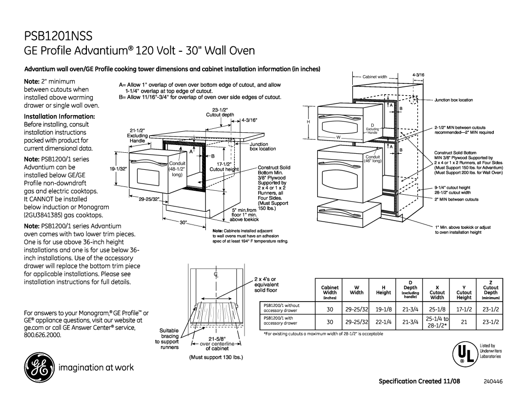 GE PSB1201NSS, JX2201NSS dimensions GE Profile Advantium 120 Volt - 30 Wall Oven, Installation Information 
