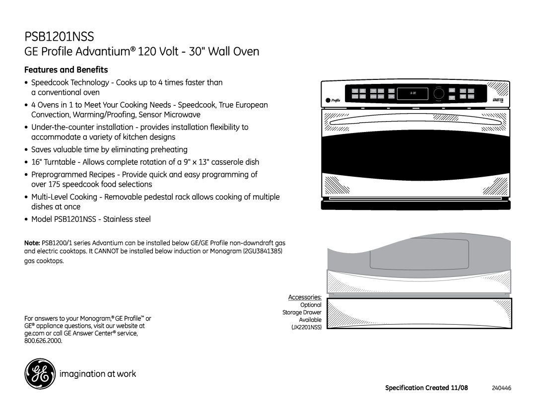 GE PSB1201NSS, JX2201NSS dimensions GE Profile Advantium 120 Volt - 30 Wall Oven, Features and Benefits 