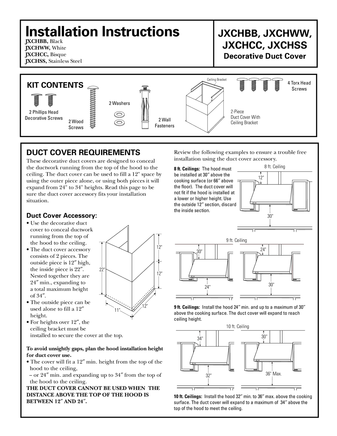 GE JXCHCC, JXCHBB, JXCHSS, JXCHWW installation instructions KIT Contents, Duct Cover Requirements 