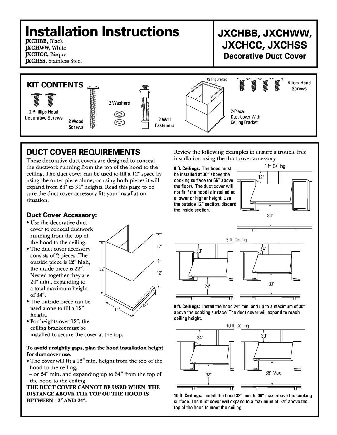 GE JXCHCC installation instructions Decorative Duct Cover, Kit Contents, Duct Cover Requirements, Duct Cover Accessory 