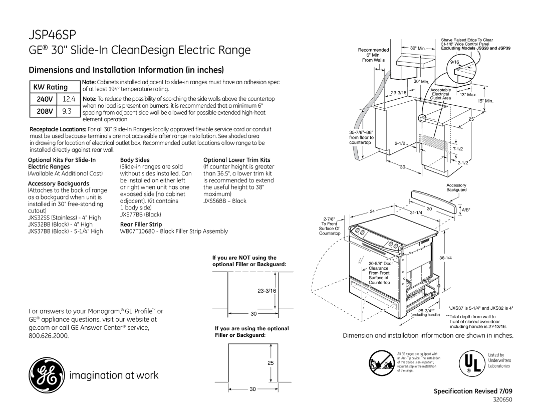 GE JSP46SPSS dimensions Dimensions and Installation Information in inches, Optional Kits For Slide-In Electric Ranges 