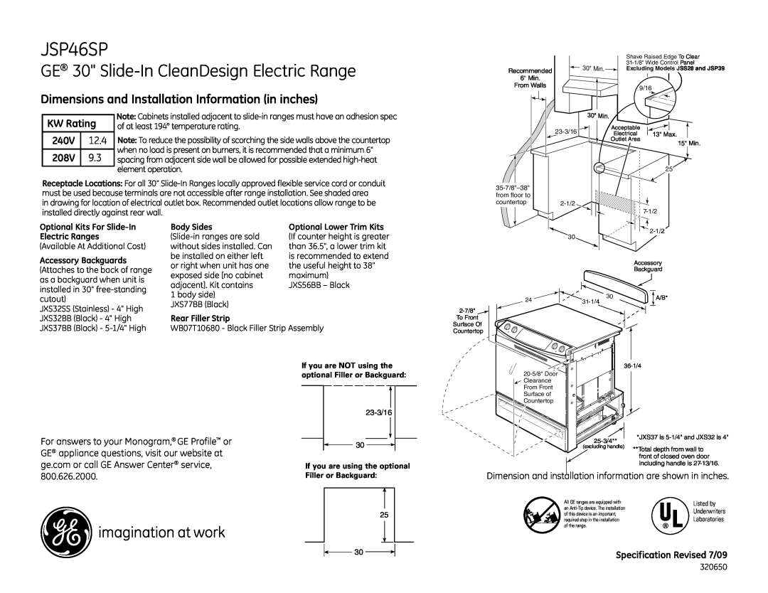 GE JSP46SPSS dimensions GE 30 Slide-InCleanDesign Electric Range, Dimensions and Installation Information in inches, 240V 