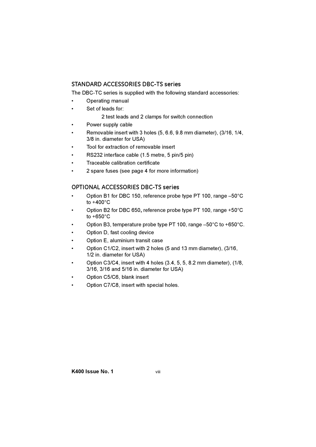 GE K400 user manual Standard Accessories DBC-TS series, Optional Accessories DBC-TS series 