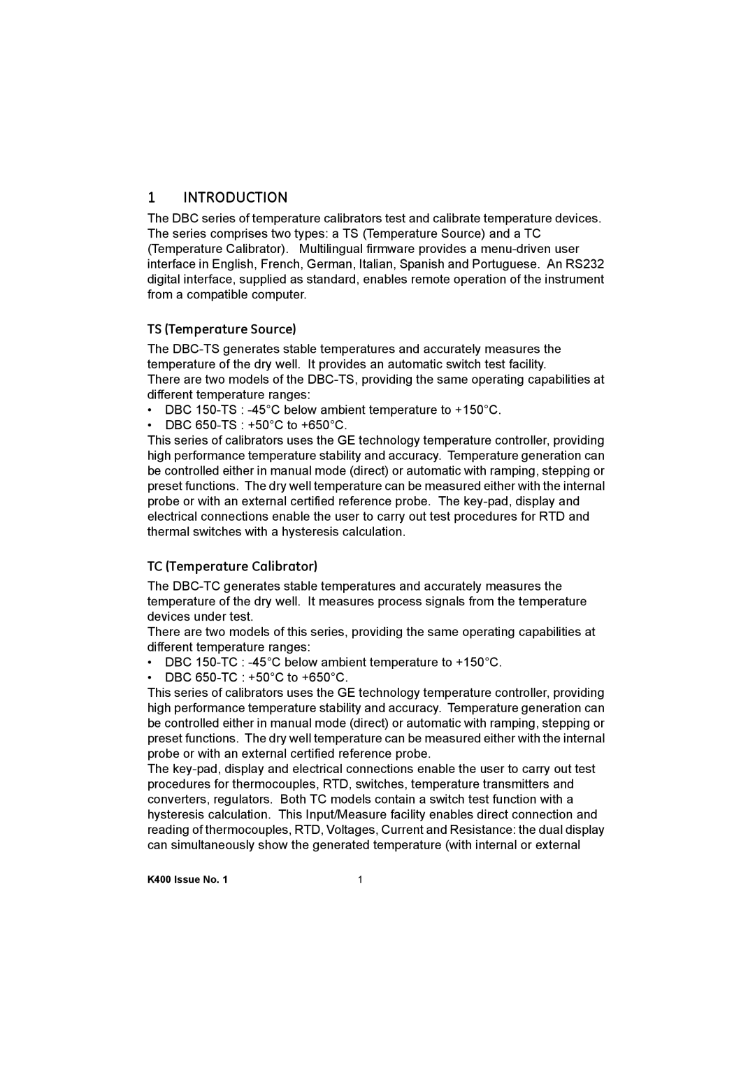 GE K400 user manual Introduction, TS Temperature Source, TC Temperature Calibrator 