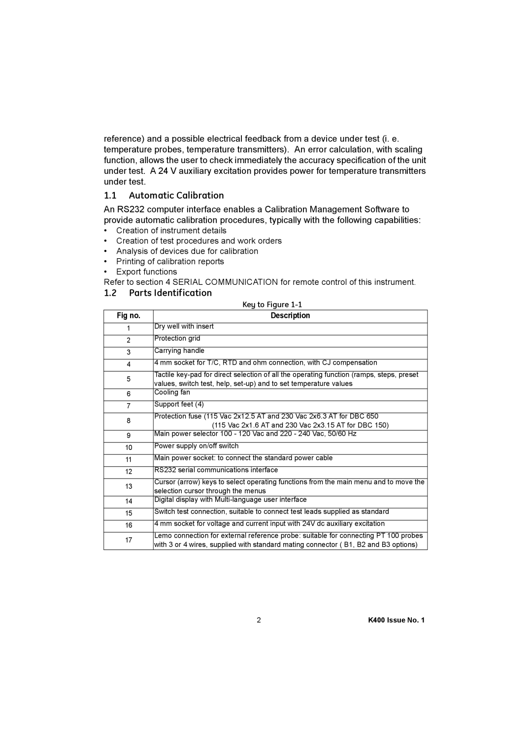 GE K400 user manual Automatic Calibration, Parts Identification 