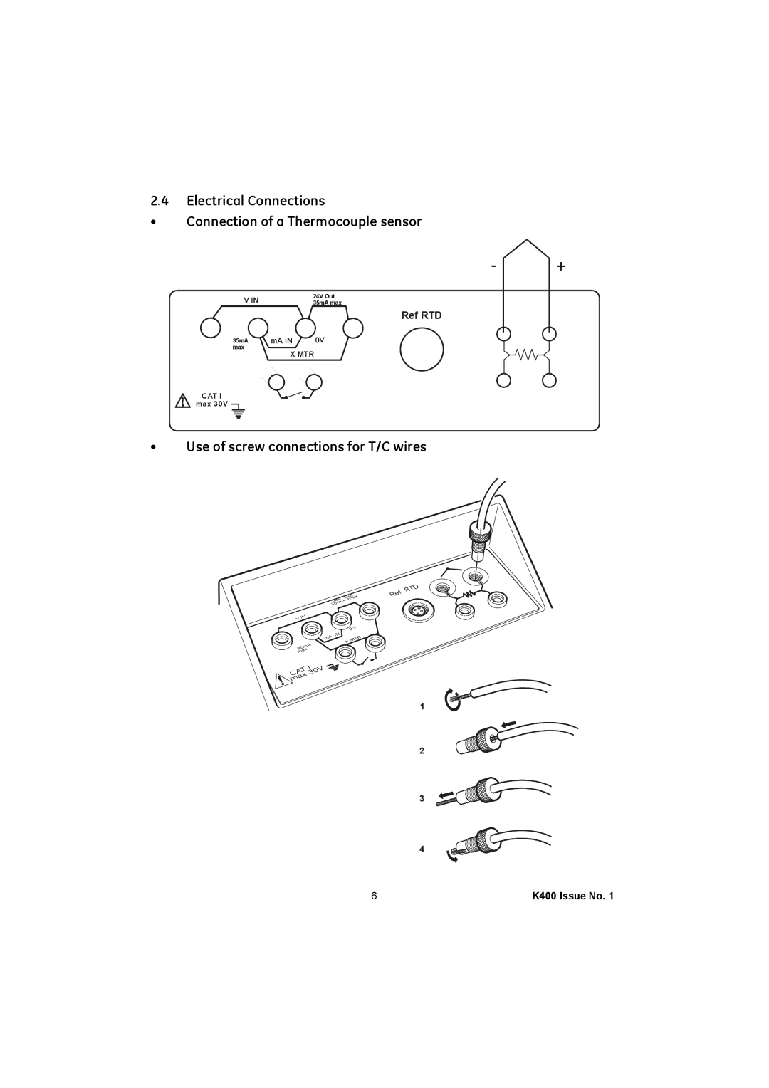 GE K400 user manual Electrical Connections Connection of a Thermocouple sensor, Use of screw connections for T/C wires 