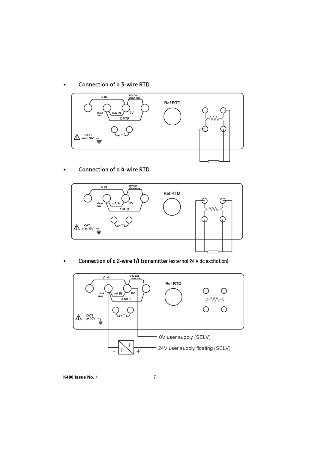 GE K400 user manual Connection of a 3-wire RTD, Connection of a 4-wire RTD 