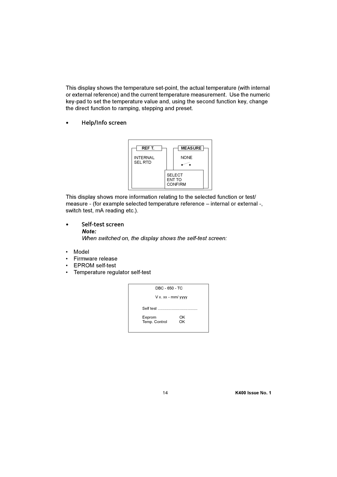 GE K400 user manual Help/Info screen, Self-test screen 