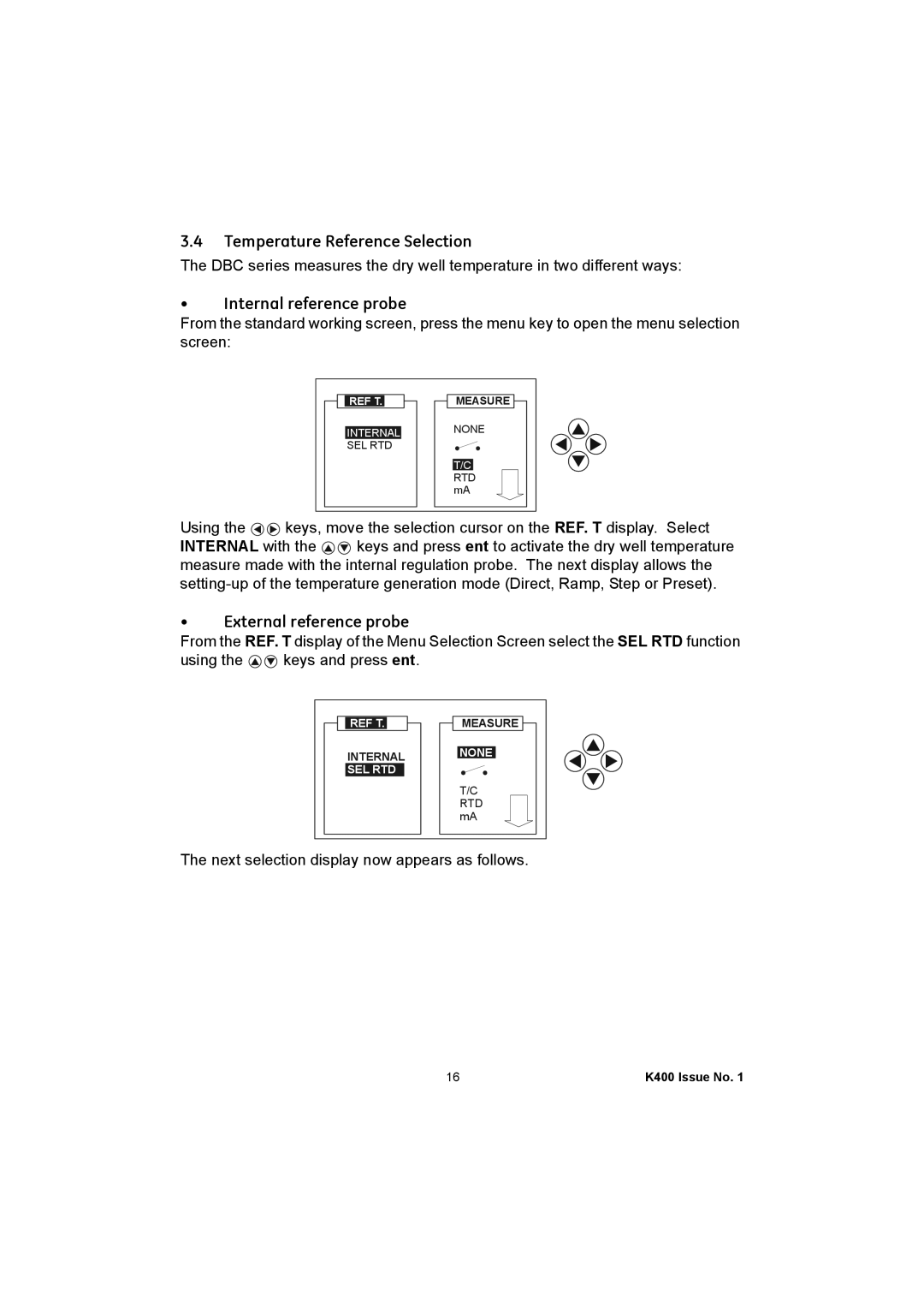 GE K400 user manual Temperature Reference Selection, Internal reference probe, External reference probe 