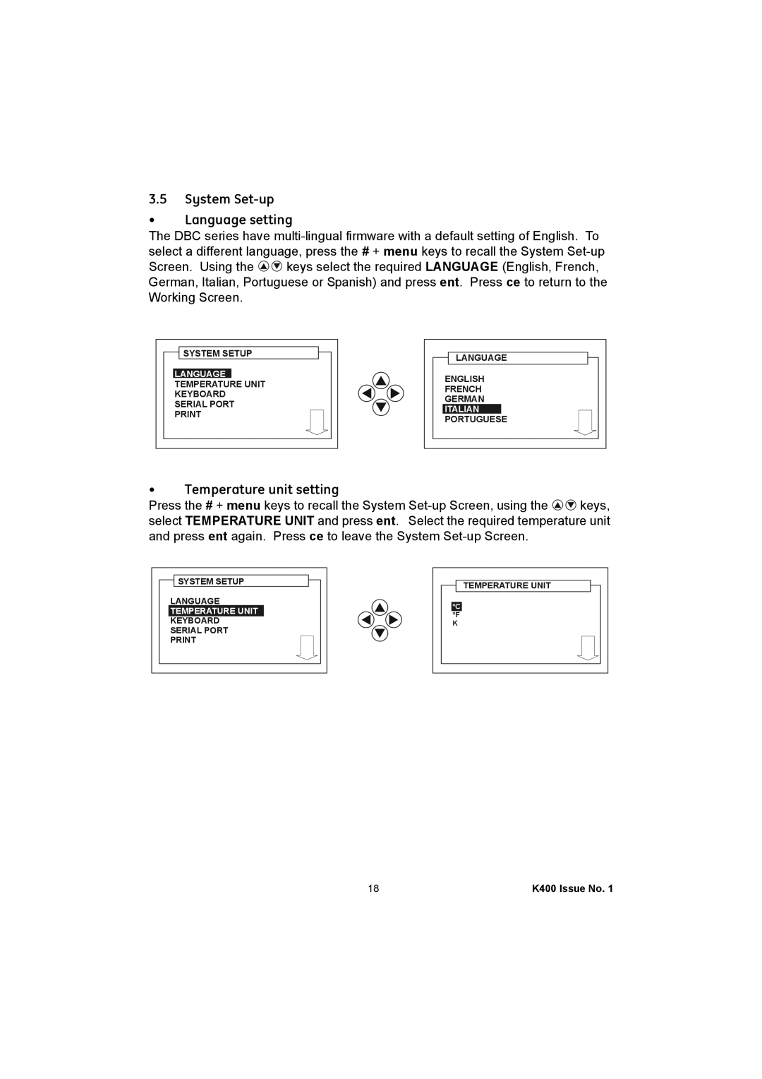 GE K400 user manual System Set-up Language setting, Temperature unit setting 