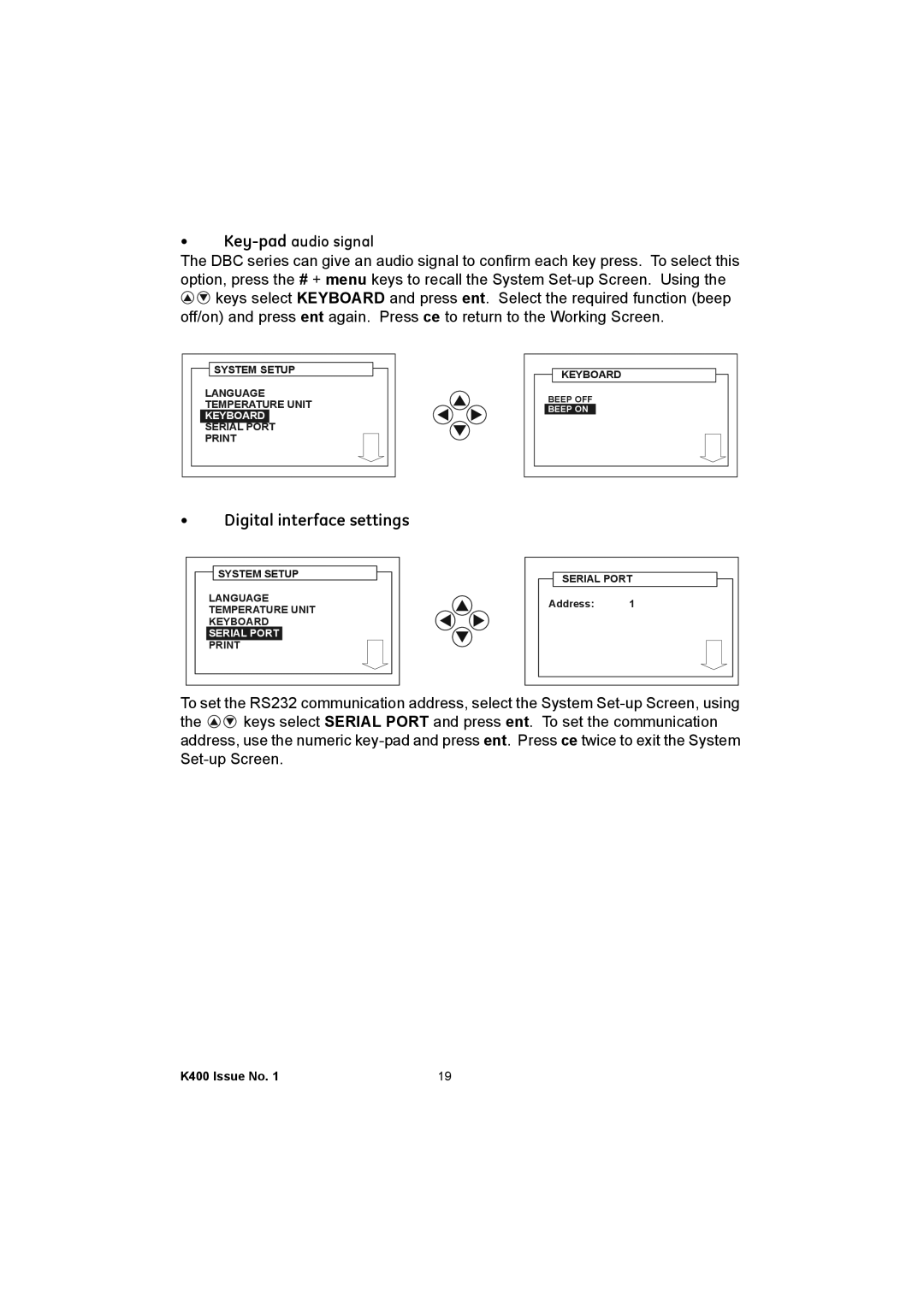 GE K400 user manual Digital interface settings, Key-padaudio signal 