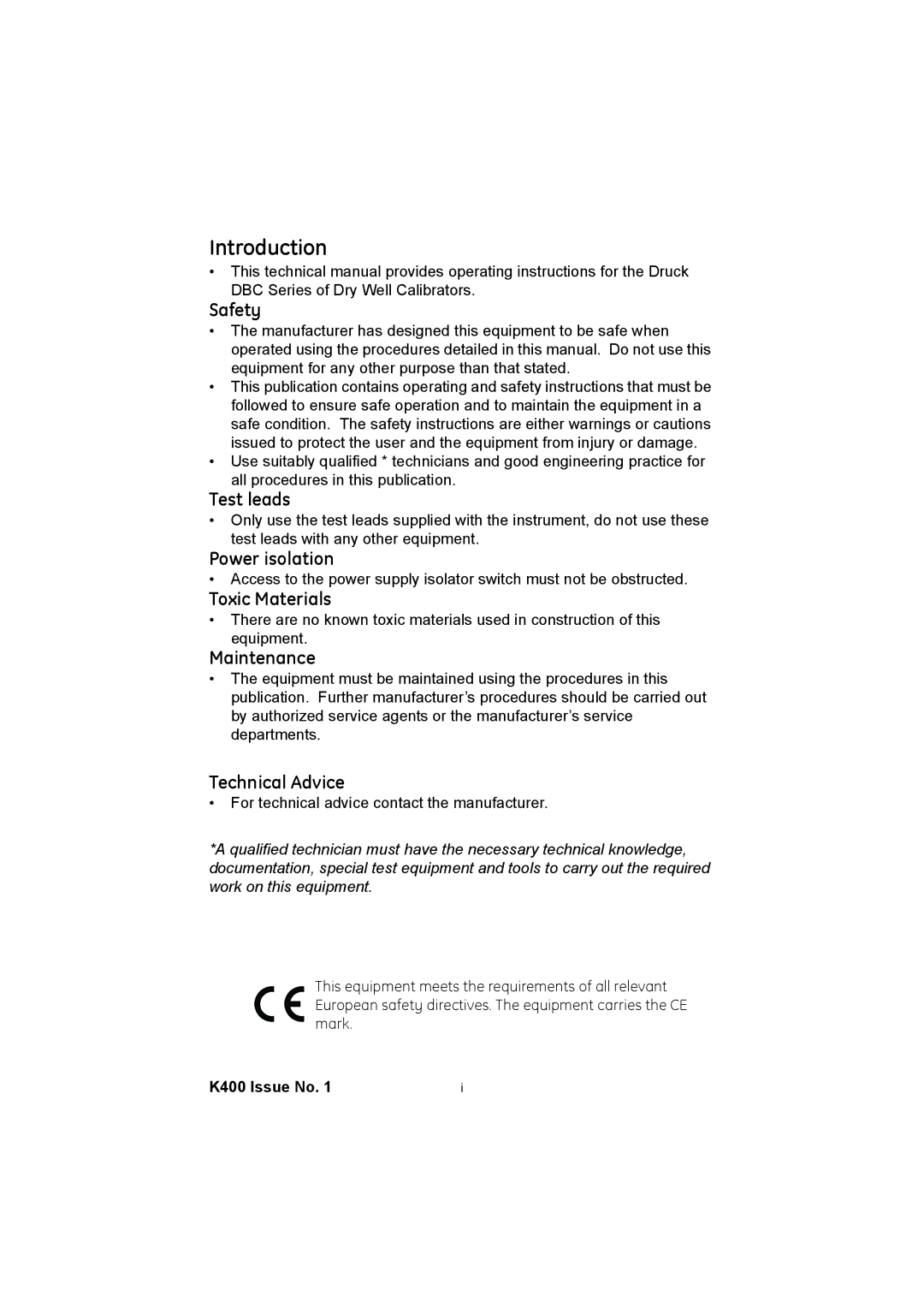 GE K400 user manual Safety, Test leads, Power isolation, Toxic Materials, Maintenance, Technical Advice 