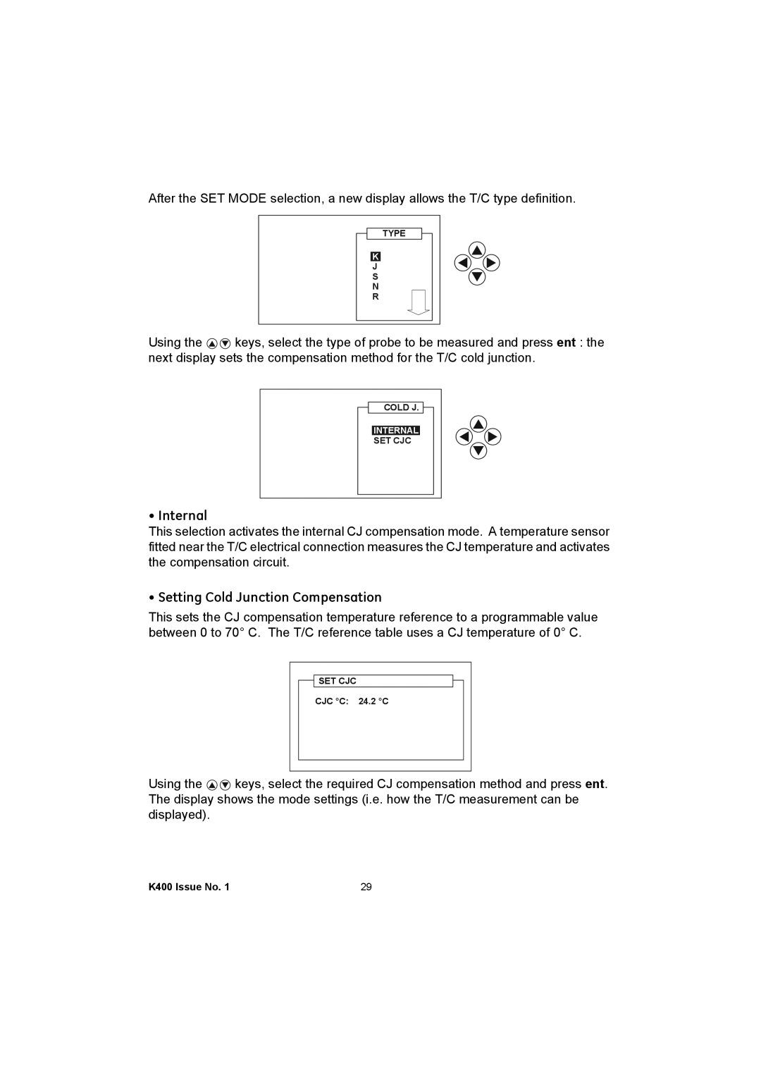 GE K400 user manual Internal, Setting Cold Junction Compensation 