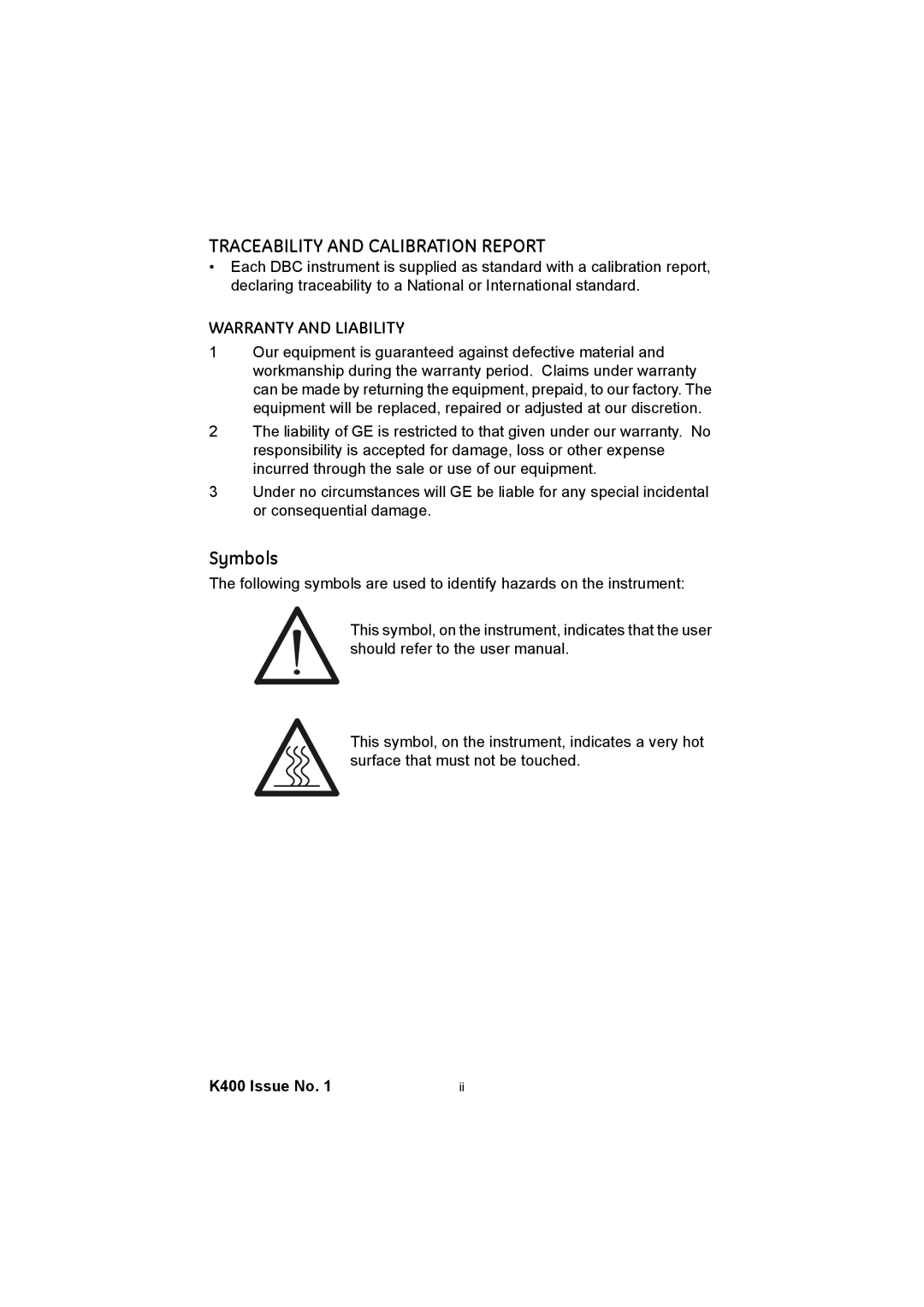 GE K400 user manual Traceability and Calibration Report, Symbols 