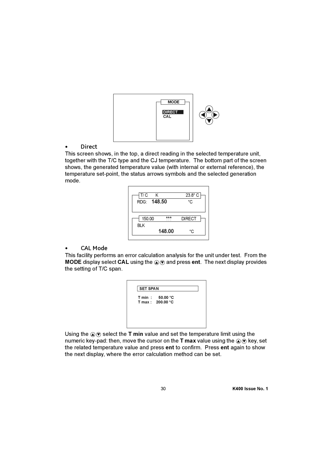 GE K400 user manual Direct, CAL Mode 