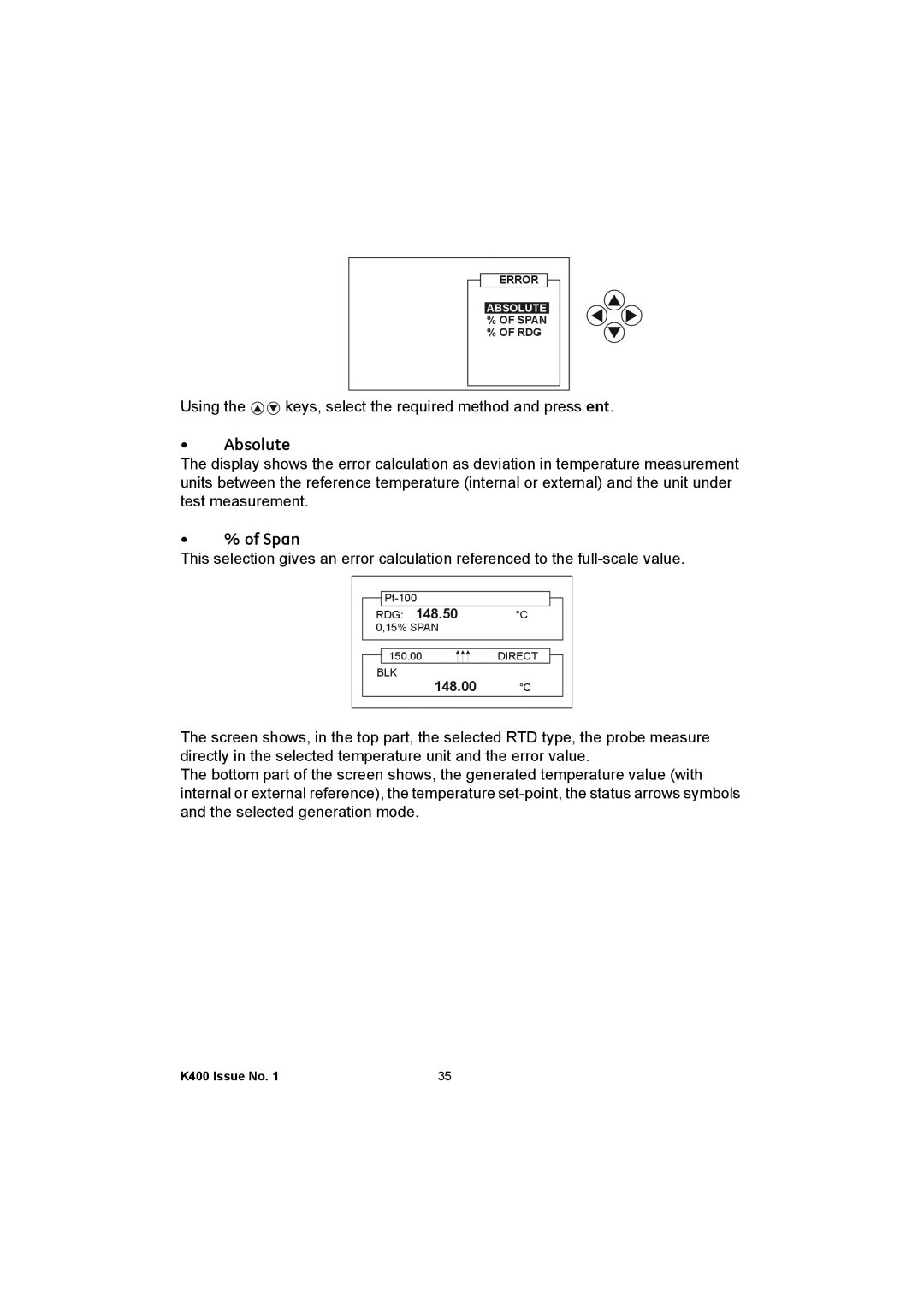 GE K400 user manual Using the keys, select the required method and press ent 