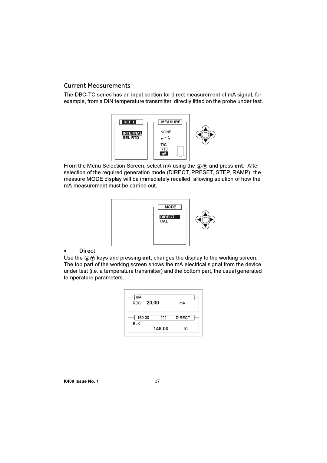 GE K400 user manual Current Measurements, Direct 