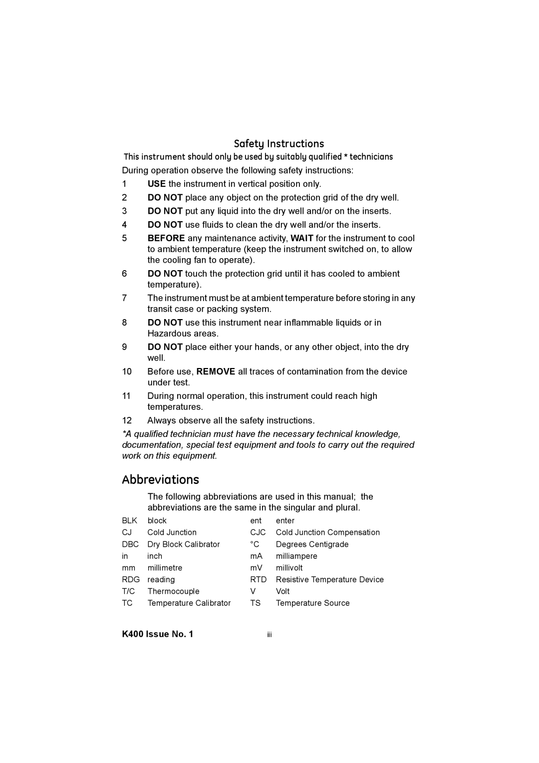 GE K400 user manual Abbreviations, Safety Instructions 