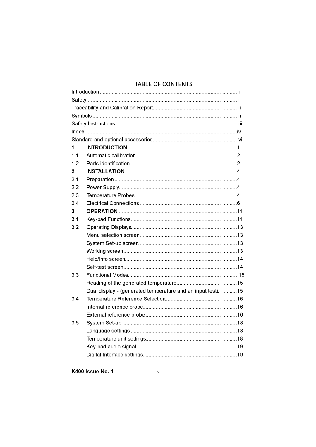 GE K400 user manual Table of Contents 