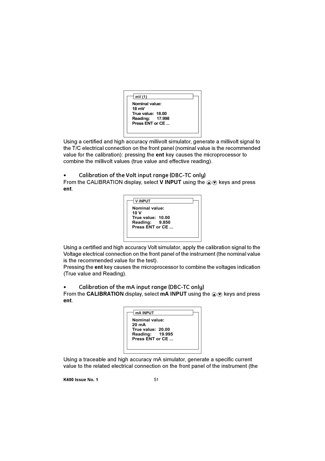 GE K400 user manual Calibration of the Volt input range DBC-TC only, Calibration of the mA input range DBC-TC only 