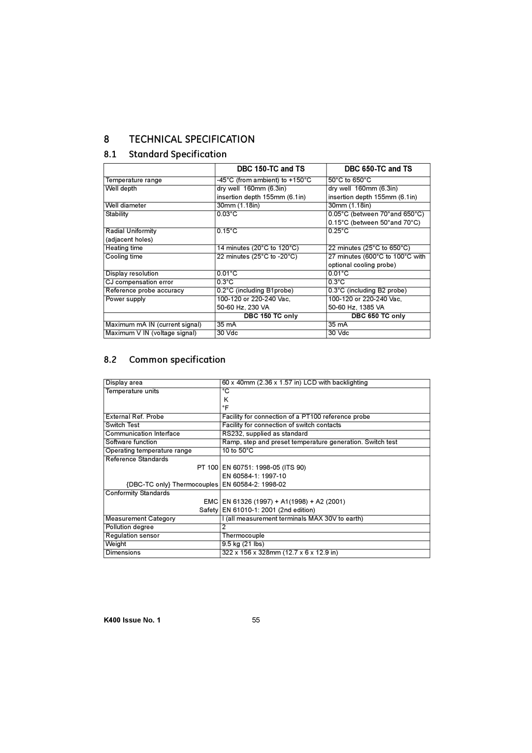 GE K400 user manual Technical Specification, Standard Specification, Common specification 