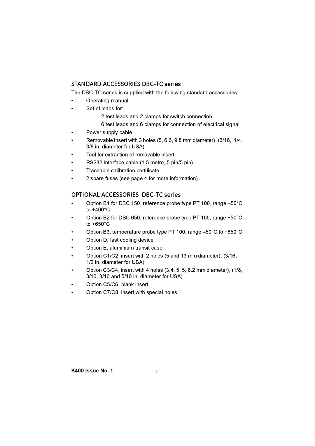 GE K400 user manual Standard Accessories DBC-TC series, Optional Accessories DBC-TC series 