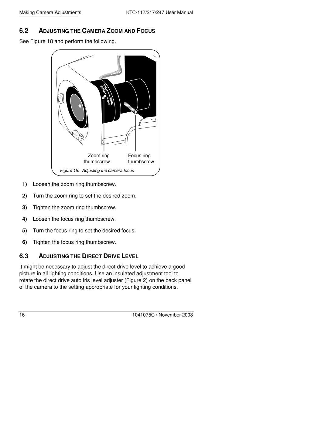 GE KTC-117V3, KTC-117V9 manual Adjusting the Camera Zoom and Focus, Adjusting the Direct Drive Level 