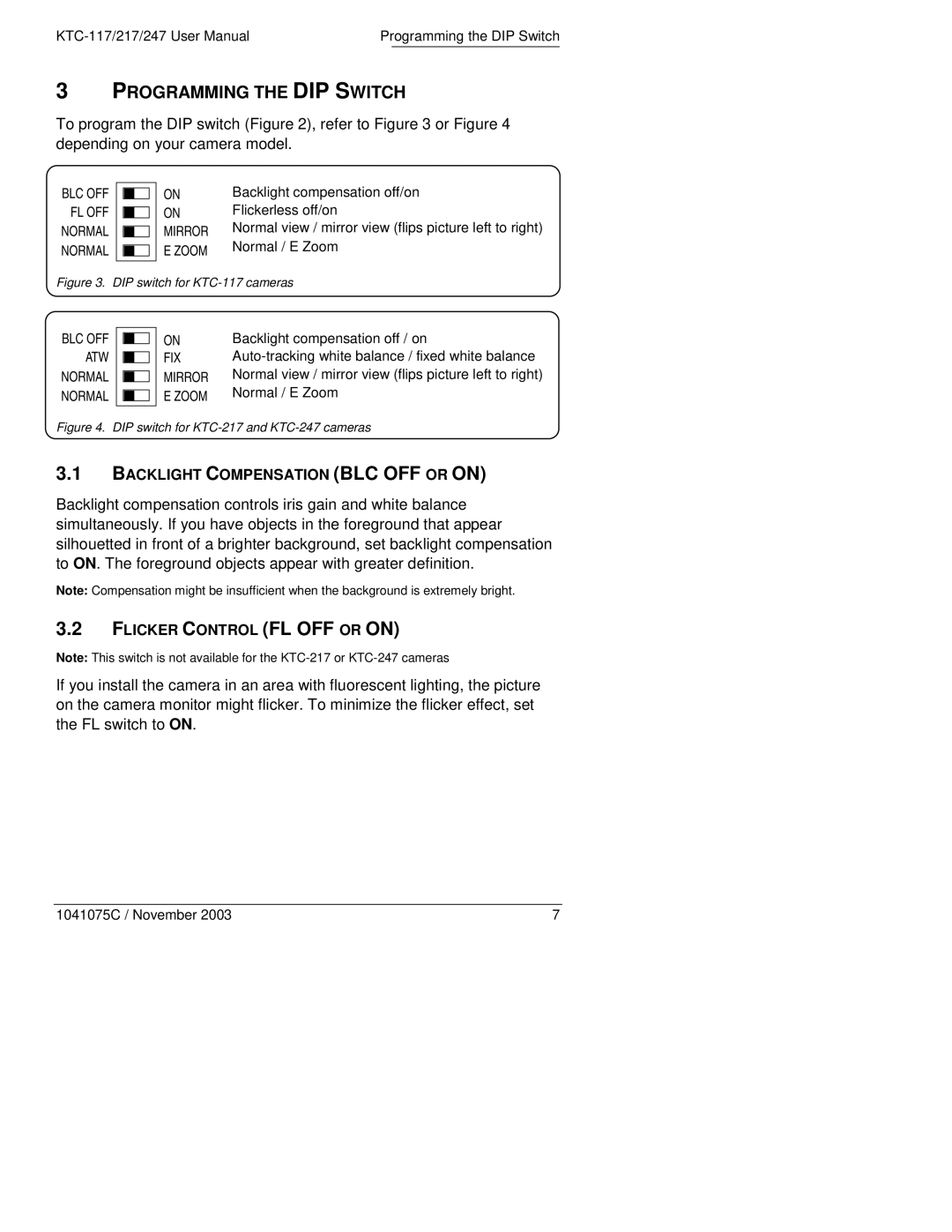 GE KTC-217CV3, KTC-217CV9, KTC-247CEV3, KTC-247CEV9 manual Programming the DIP Switch, Backlight Compensation BLC OFF or on 