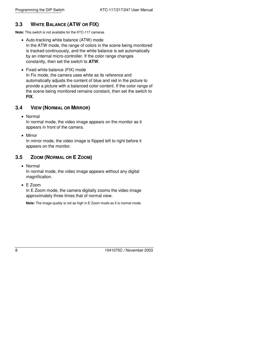 GE KTC-117V3, KTC-117V9 manual White Balance ATW or FIX, View Normal or Mirror, Zoom Normal or E Zoom 