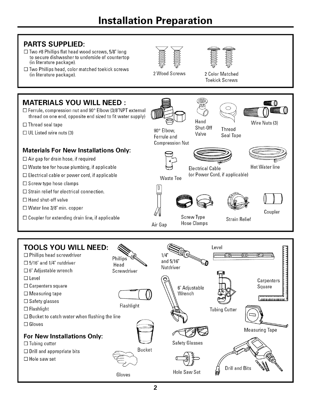 GE L0523252 Installation Preparation, Parts Supplied, Materials YOU will Need, Tools YOU will Need 