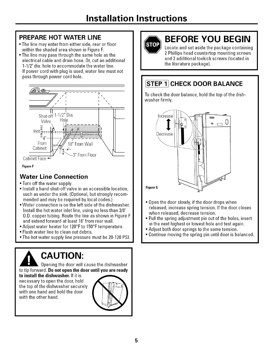 GE L0523252 installation instructions Installation, Instructions, Prepare HOT Water Line, Istep 11CHECK Door Balance 