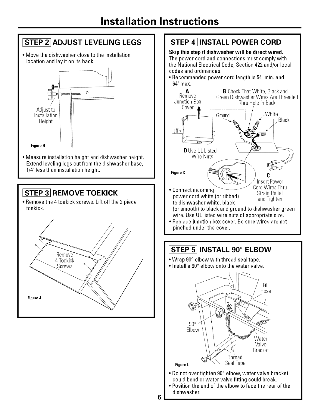 GE L0523252 Installation Instructions, Adjust Leveling Legs, Remove Toekick, Install Power Cord, Install 90 Elbow 