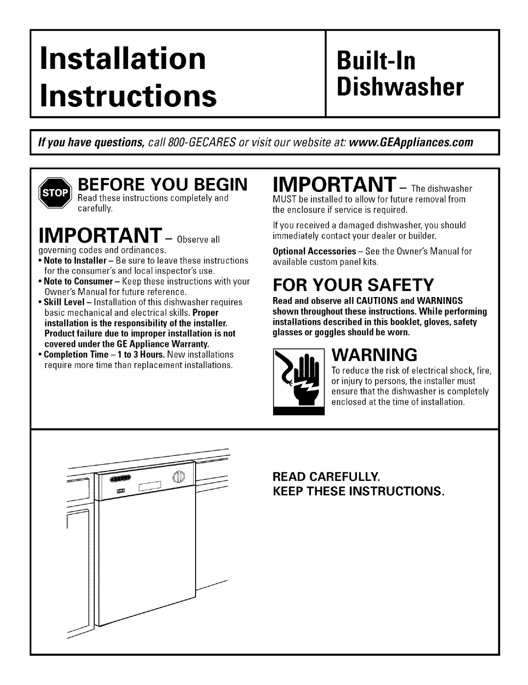 GE L0523252 installation instructions IMPORTANT- Observe all, Before You Begin, For Your Safety, Installation Instructions 