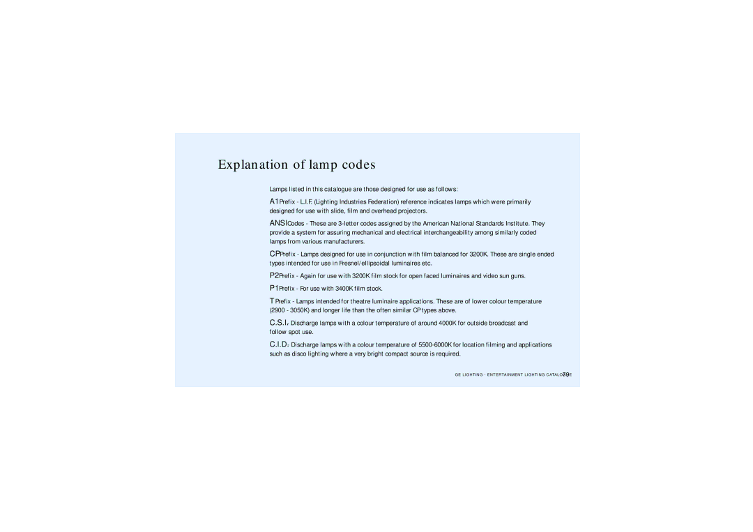 GE Lamps manual Explanation of lamp codes 