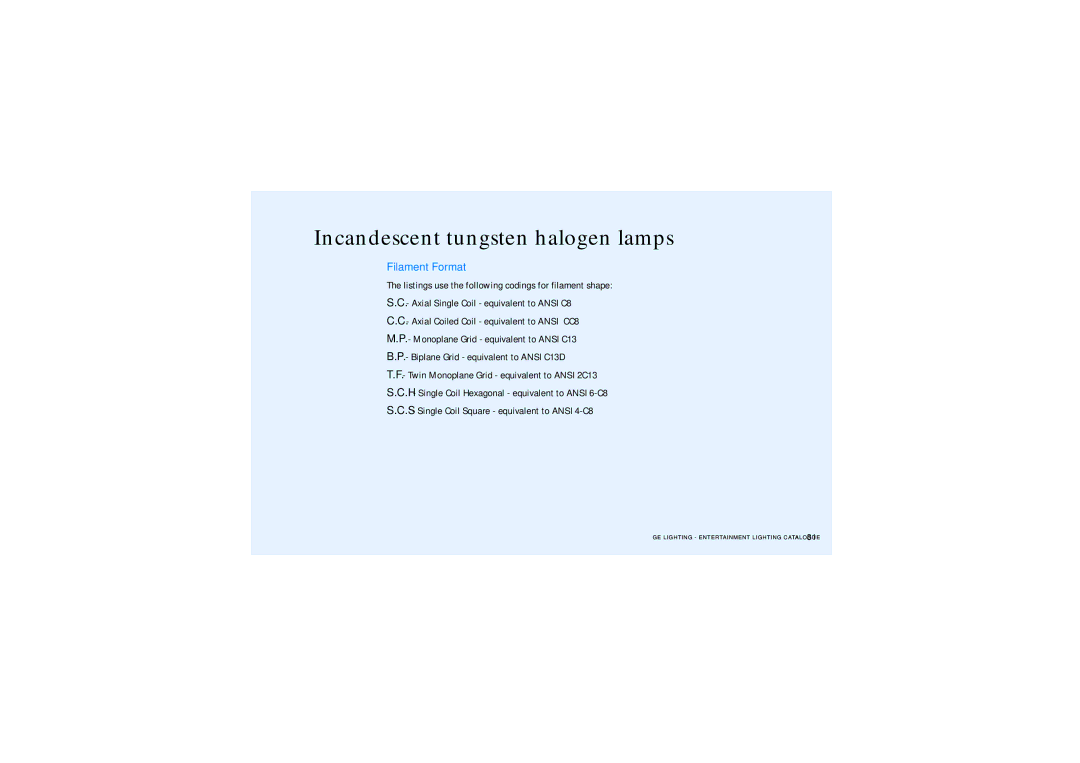 GE Lamps manual Incandescent tungsten halogen lamps, Filament Format 